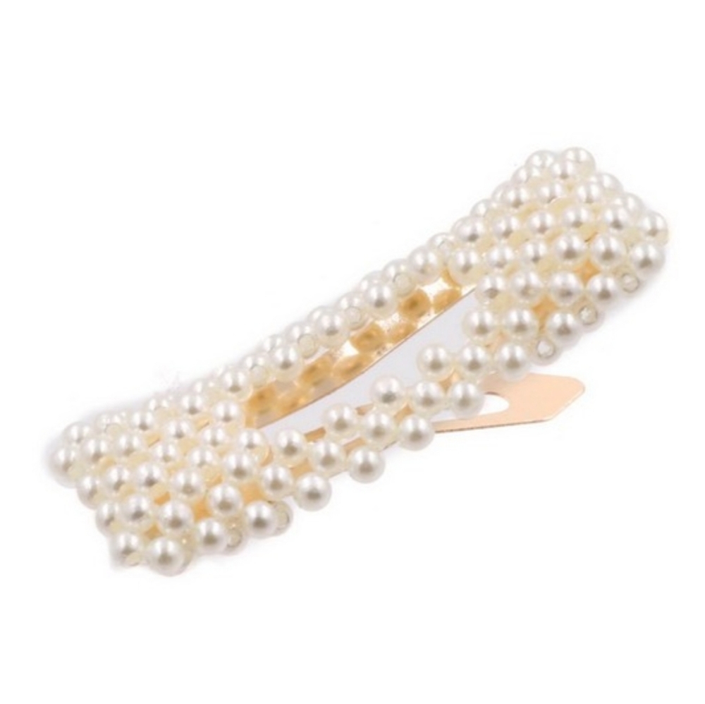 2-Pack Pearl Covered Rectangle Barrette Hair Clips - Picture 2 of 3